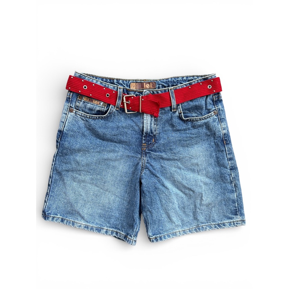 L.E.I. Denim Shorts Womens 7 Blue Excellent Y2K Medium Wash Red‎ Belt 1691034X